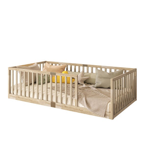 English Elm Twin House Frame Floor Bed Rubberwood with Roof Canopy and Safety Rails for Kids Natural W504P429531