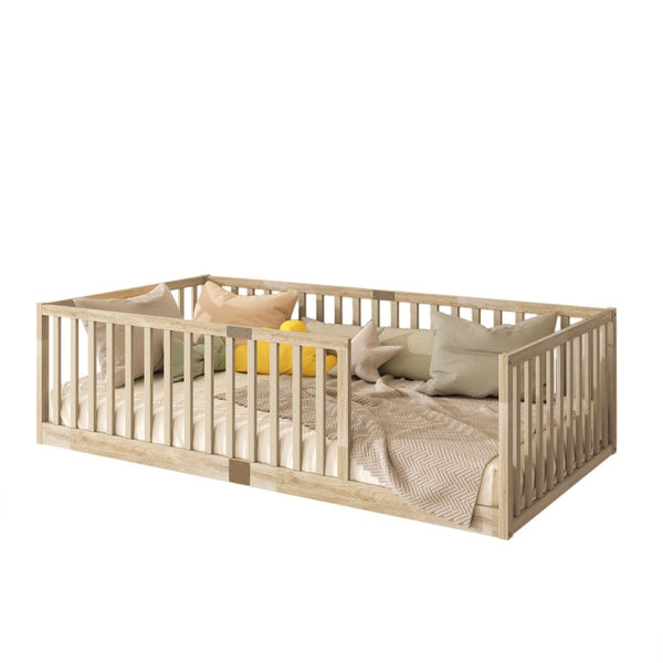 English Elm Twin Montessori Floor Bed Solid Rubber Wood with Safety Fence Rails Toddler Room W504P411197