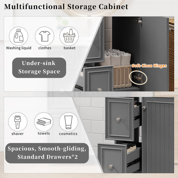 English Elm 24" Gray Bathroom Vanity Cabinet with Ceramic Sink, Soft-Close Door, 2 Drawers, Smart Storage, Durable Design N729P264336E