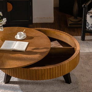 English Elm 39.37" Round Retro Coffee Table Solid Wood Legs Lower Shelf Natural Living Room W757P370275