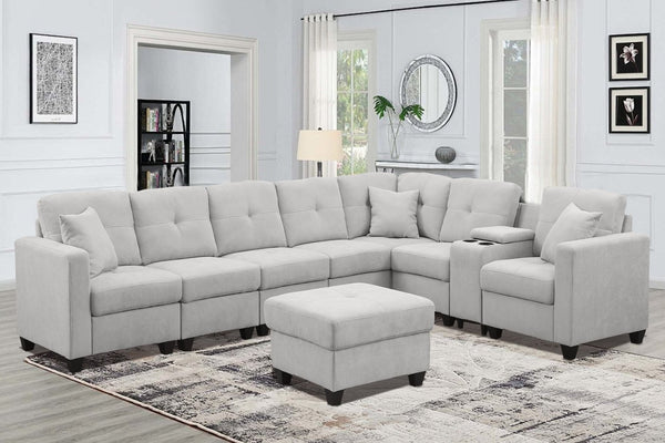 English Elm Sectional Sofa - Luxurious Light Gray Microfiber With Supportive Cushions & Integrated Cup Holders B205S00080-GIGA
