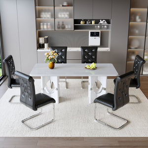 English Elm Modern White Faux Marble 7 Piece Dining Set Tufted Pvc Chairs for Kitchen Black,White W3875S00082