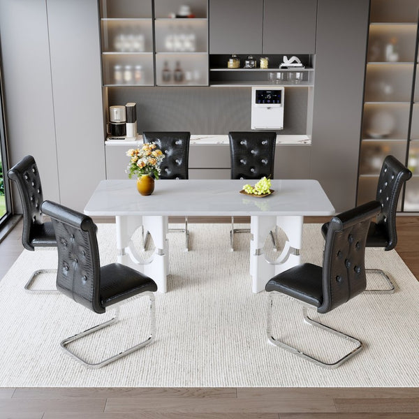 English Elm Modern White Faux Marble 7 Piece Dining Set Tufted Pvc Chairs for Kitchen Black,White W3875S00082