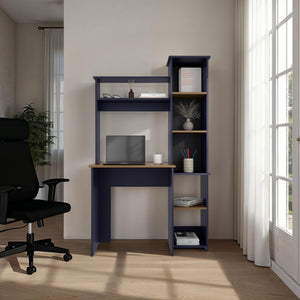 English Elm Desk Aramis 64" H with 7 Open Shelves in Alby Blue & Natural Oak — Modern Spacious Home Office Hub B097P395864