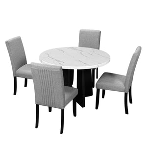 English Elm 5-Piece Round Dining Set with 43" Modern MDF Table and 4 Upholstered Fabric Chairs for Compact Spaces White+gray N752S001055E