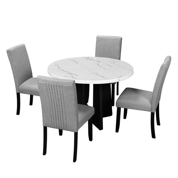 English Elm 5-Piece Round Dining Set with 43" Modern MDF Table and 4 Upholstered Fabric Chairs for Compact Spaces White+gray N752S001055E