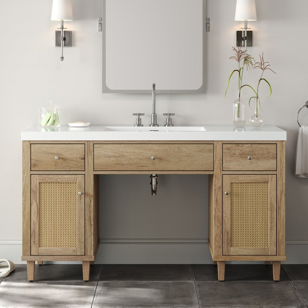 English Elm 60 Inch Double Sink Bathroom Vanity Rattan Pine Legs Soft Close Storage Brown Wood N817P296127N