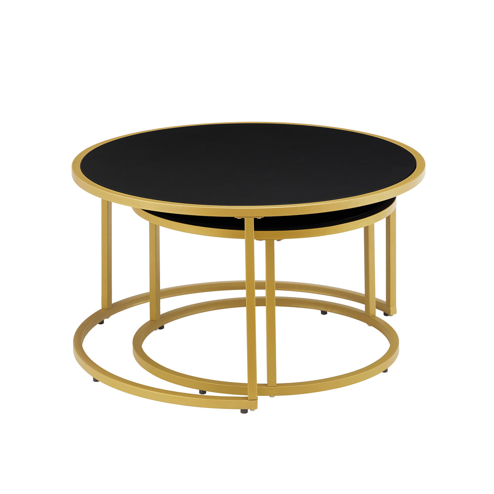 English Elm Modern Faux Leather Nesting Round Coffee Table Set with Gold Metal Base, Stylish Versatile Accent Tables for Living Room (Set of 2) Black W2186P340503