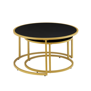 English Elm Modern Faux Leather Nesting Round Coffee Table Set with Gold Metal Base, Stylish Versatile Accent Tables for Living Room (Set of 2) Black W2186P340503
