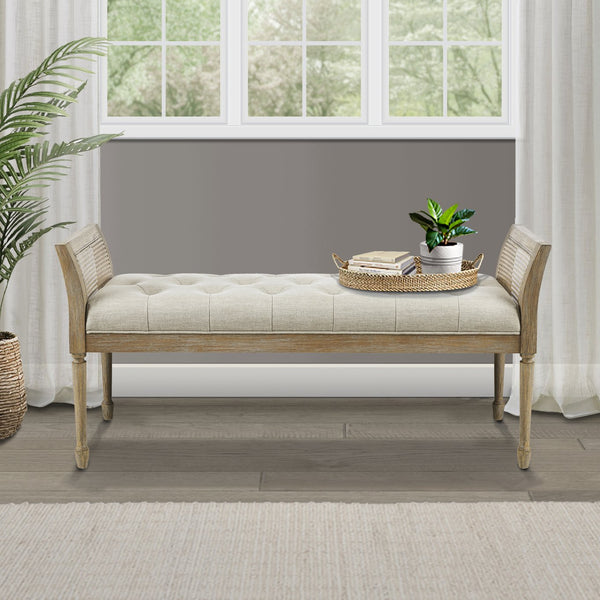 JLA Home Martha Stewart - Accent Bench with Tufted Upholstery, Cane-Inset Arms & Solid Wood Frame — Rustic Modern Entryway Seat MT105-0159