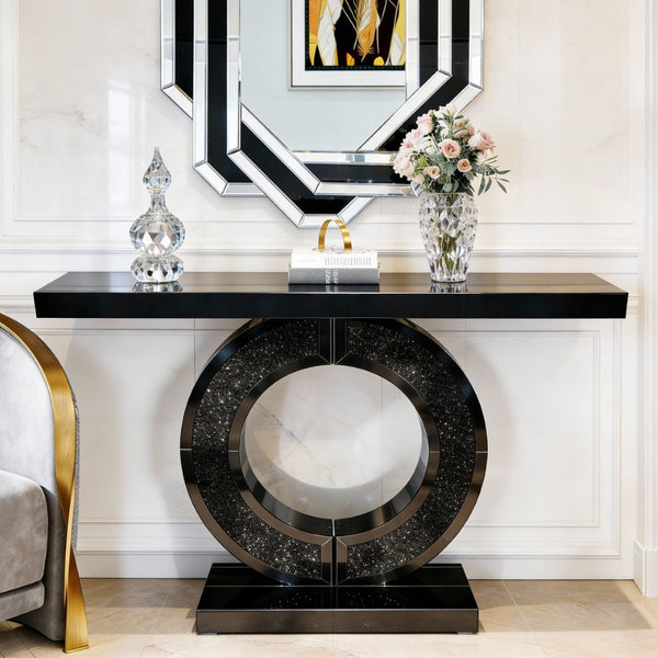English Elm Mirrored Console Table with Diamond Inlay Double O Base Glam Entryway Accent Black W3836P420858