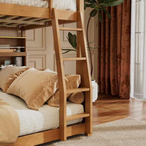 English Elm Full Xl Over Queen Bunk Bed Pinewood Frame with Led Lights Shelving Pegboard Brown LT000279AAP
