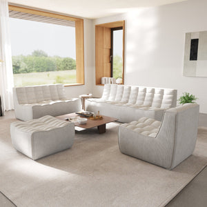 English Elm Caterpillar Minimalist Waffle 7-Seater Floor Sofa Set – Light Gray Chenille Linen, High-Density Foam Comfort B341S00039