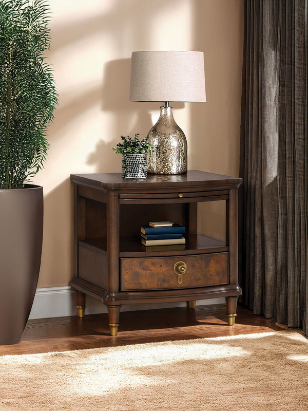 English Elm Modern Oval Cocktail Table with Dark Wood Finish, Gold-Capped Legs & Poplar Burl Trim for Living Rooms Cherry 28 L x 24 W x 24 H B2741P392076