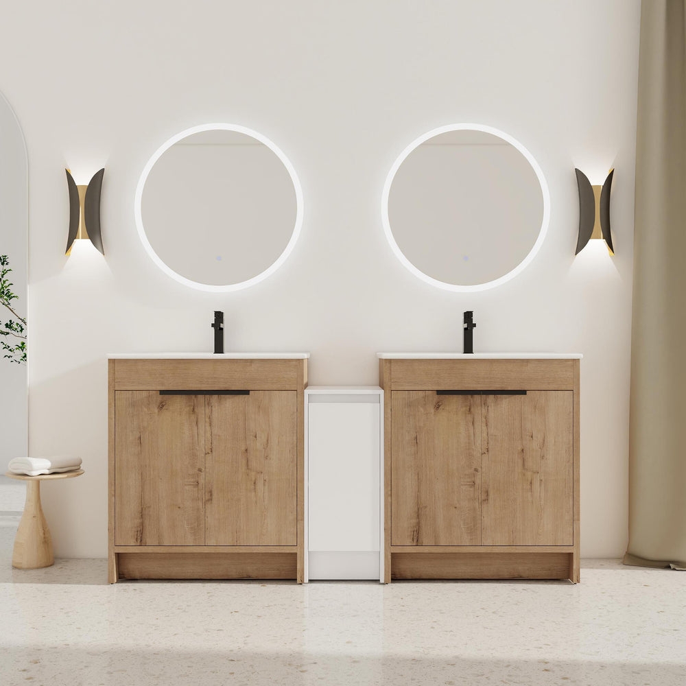English Elm 72 Inch Freestanding Bathroom Vanity With Ceramic Sink, Soft-Close Doors, And Ample Storage Space W999S00323