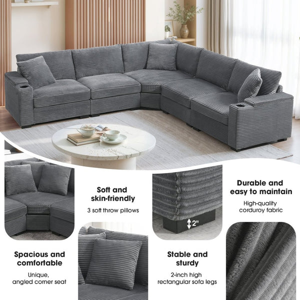 English Elm 104" Corduroy L-shaped Sectional with Usb Charging Armrest Storage and Cup Holders Gray N723S1187E