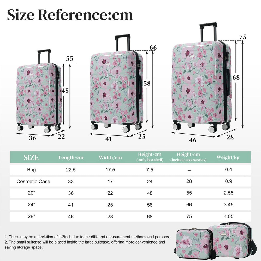English Elm 6 Piece Hardshell Abs Travel Set with Spinner Wheels Combination Lock and Toiletry Bag Green & Pink Flower N732P391160F