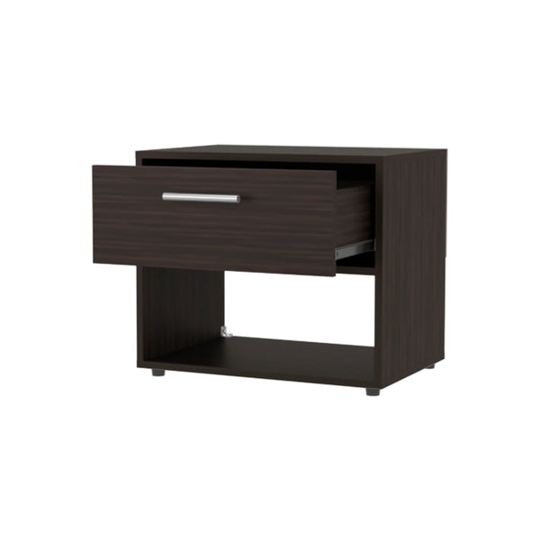 English Elm Stained Walnut Nightstand with Spacious Shelf and Single Drawer — Timeless Warmth, Sleek Rectangular Design B062P290276