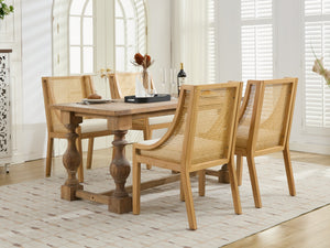 English Elm Rattan Solid Wood Dining Chair with Linen Seat and Decorative Armrests, Rustic Natural Finish Beige W1143P335052