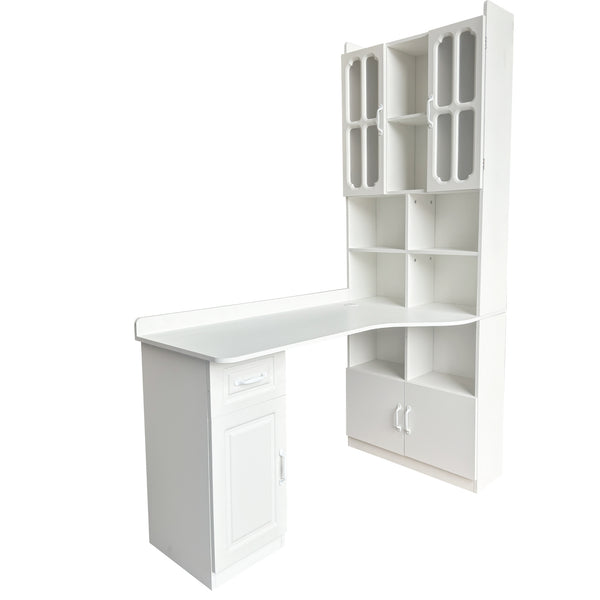 English Elm L-Shaped Corner Desk White with Hutch, Shelves & Drawer — Space-Saving 2-in-1 Office Workstation with Ample Storage W331S00203