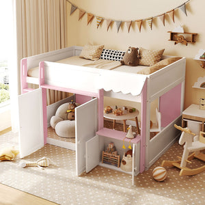 English Elm Twin House Loft Bed with Pull Out Rolling Desk Stair Drawers and Cabinet Storage N820S00074H