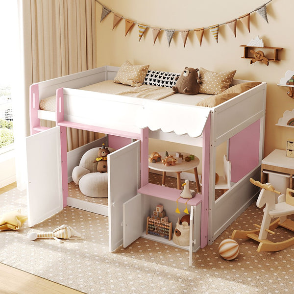 English Elm Twin House Loft Bed with Pull Out Rolling Desk Stair Drawers and Cabinet Storage N820S00074H