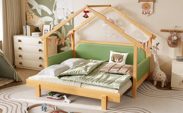 English Elm Twin Pine Treehouse Floor Bed with Padded Rails and Cabin Roofline for Kids Green W1580S00384