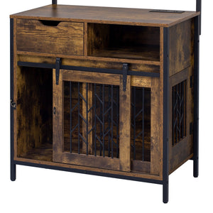 English Elm 2 IN 1 Rustic Dog Crate Side Cabinet Organizer with USB Outlets, Hooks & Sliding Kennel for Dogs N843P256449O