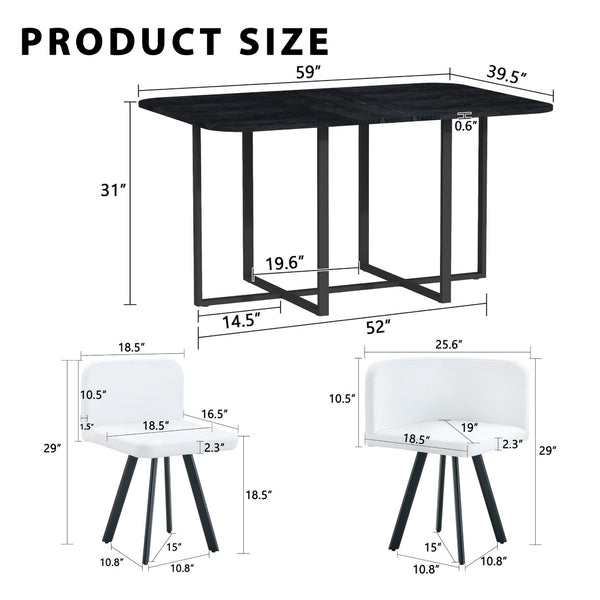 English Elm Black Wood Grain Rectangular Table with Six White Pu Upholstered Chairs Modern Set W3875S00094