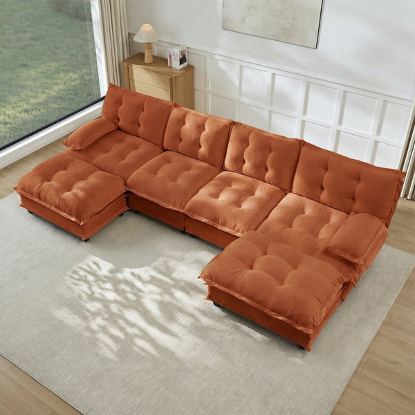 English Elm 138" U-shaped Chenille Cloud Sectional with Ottomans Deep Seat Modular Living Room Sofa Orange W714S01742