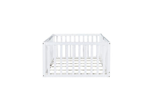 English Elm Twin Floor Bed Solid Rubber Wood with Tall Safety Railings for Toddler Sleep White W504P287652