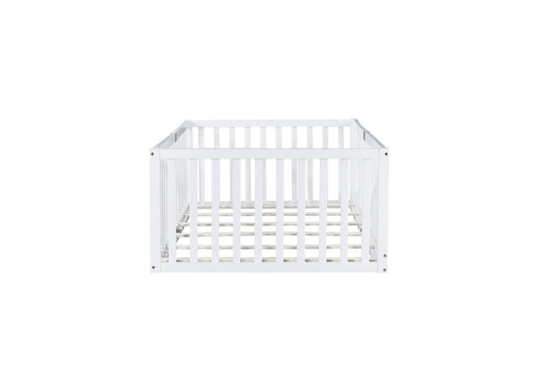 English Elm Twin House Frame Floor Bed Rubberwood with Roof Canopy and Safety Rails for Kids White W504P429538