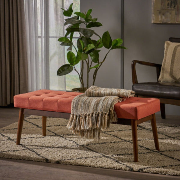 English Elm Mid-century Button Tufted Ottoman with Walnut Tapered Legs for Living Room Bedroom Coral N778P440482C