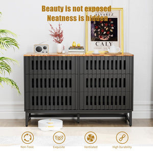 English Elm 6 Drawer Double Dresser Black Grille Striped Doors, Modern MDF & Metal Legs, Sturdy 6-Drawer Storage Elegance W578P193307