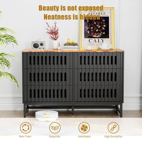 English Elm 6 Drawer Double Dresser Black Grille Striped Doors, Modern MDF & Metal Legs, Sturdy 6-Drawer Storage Elegance W578P193307