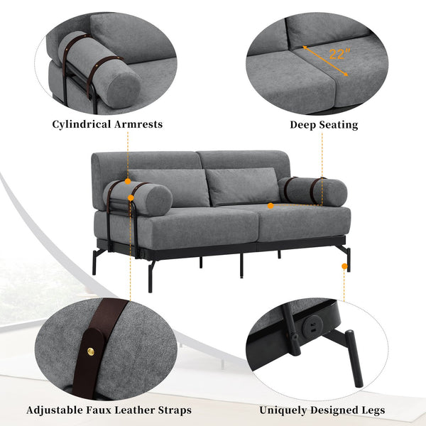 English Elm Modern Loveseat Sofa with Cylindrical Armrests, Built-In USB Ports, Chenille Cushions, Steel Frame Grey N719P290584E