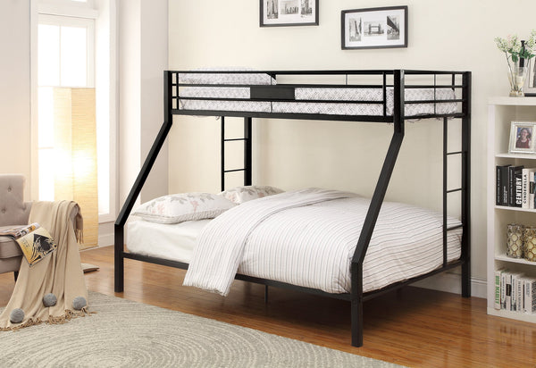 English Elm Limbra Sandy Finish Twin XL/Queen Bunk Bed with Metal Frame, Built-In Ladder, Full Guard Rail Durable Black 63 L x 19 W x 4 H B2726S00208