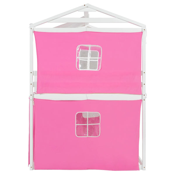 English Elm Full Size Kids Playhouse Bunk Bed Pinewood Frame with Tent Roof and Window Cutouts Pink LT000380AAH-1