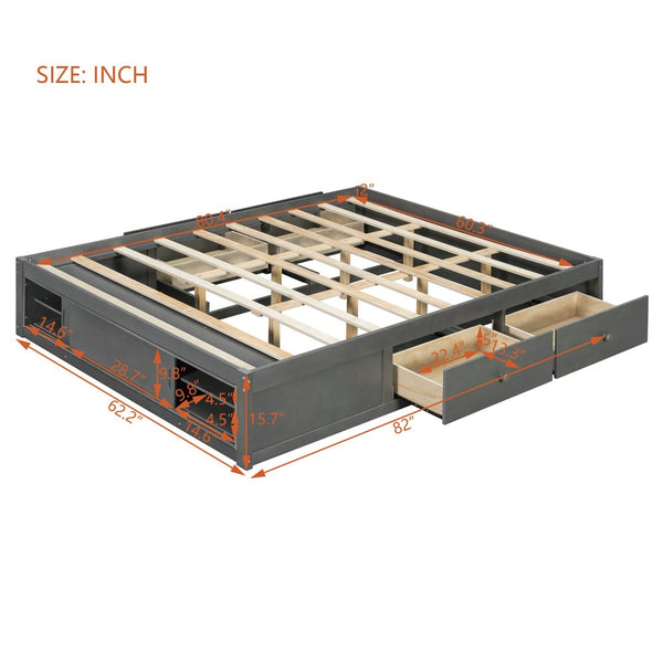 English Elm Queen Platform Bed with Four Storage Drawers Footboard Cubby Modern Low Profile Frame Gray LP000138AAE