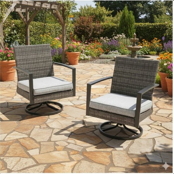 English Elm Set of 2 Outdoor Pe Rattan Swivel Rocker Chairs with Cushions for Patio Decks B082S00068