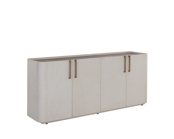 Sunpan Jamille Contemporary Sideboard - Cream Faux Leather, Warm Brass Base, Oak Veneer Top & Soft Close Doors