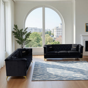 English Elm FX-P83-2PC Velvet Sofa Set of 2 with Tufted Cushions and Gold-Tone Metal Legs for Luxe Comfort Black W576S00239