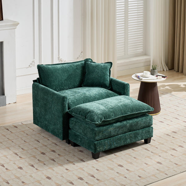 English Elm Cloud Velvet Ottoman with Double-Layer Cushion, Modular Modern Sectional Accent Seat, Breathable Chenille Upholstery, Adjustable Backrest Green W1143P310516