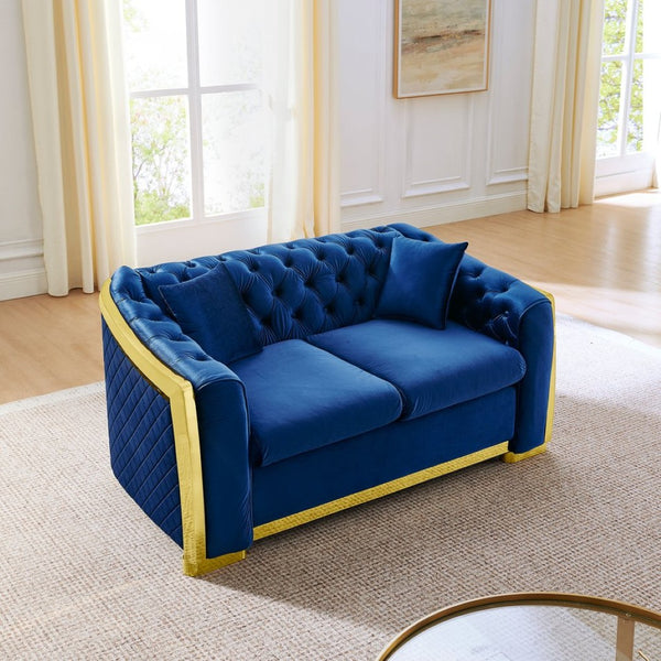 English Elm Luxury Velvet Tufted Chesterfield Loveseat with Gold Steel Trim for Living Room Navy Blue W1191S00117