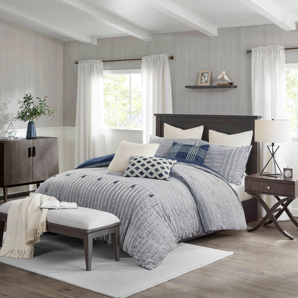 JLA Home Madison Park Signature - Oversized Cotton Clipped Jacquard Comforter Set with Removable Duvet Insert, Euro Shams, Pillows, Farmhouse Chic 96 L x 110 W x 1.5H MPS10-538