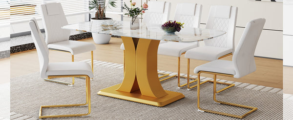 English Elm Table And Chair Set: Luxurious 71" Pandora Glass Dining Table With Gold Legs & 6 White Pu Chairs W1151S03227-GIGA