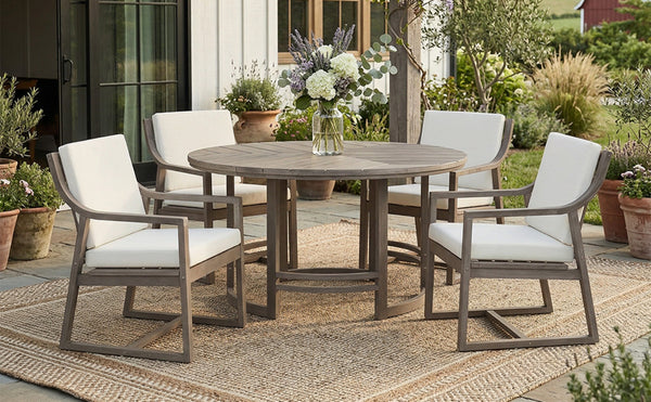 English Elm Outdoor Acacia Wood Dining Set Seats Six with Cushioned Armrest Chairs for Patio Beige+Brown N719Z000230D