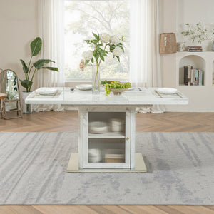 English Elm 47.24"-63"Modern Rectangle Dining Table with Extendable Top, Printed Marble Look, Sturdy Steel Base & Storage White W757P331962