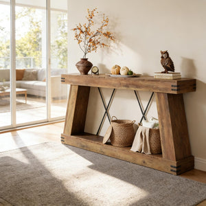 English Elm Coffee Console Table Industrial Metal Frame Vintage Wood Grain 2 Tier Entryway Sofa T3971P449920