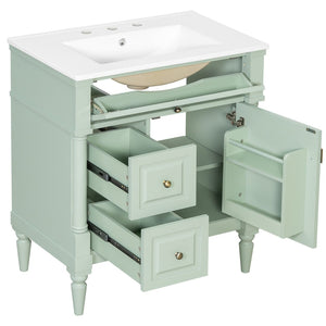 English Elm 30" Freestanding Bathroom Vanity Rubberwood Frame Ceramic Sink Flip Drawer Storage Green N725P356062F